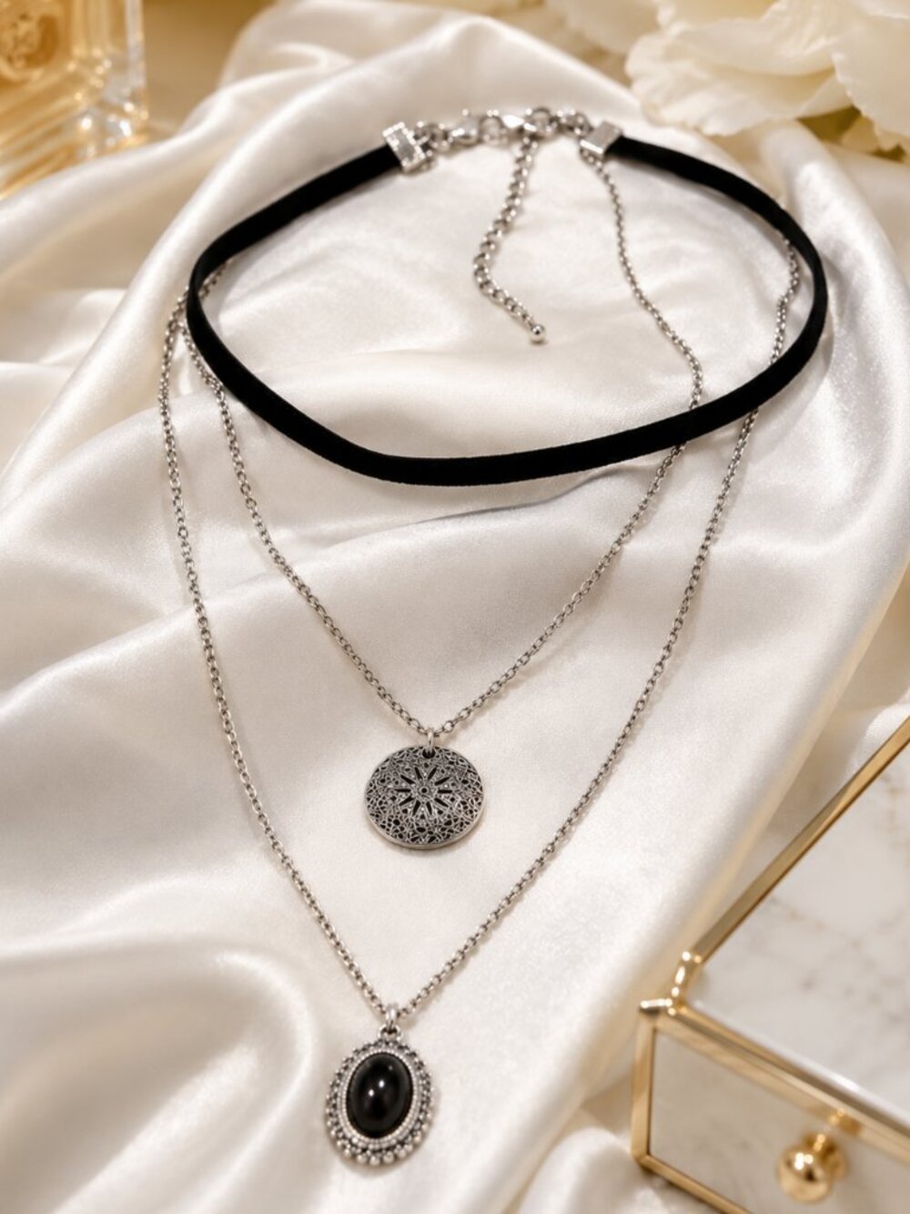 Silver Tone Layered Choker Necklace with Oval Stone & Filigree Pendants